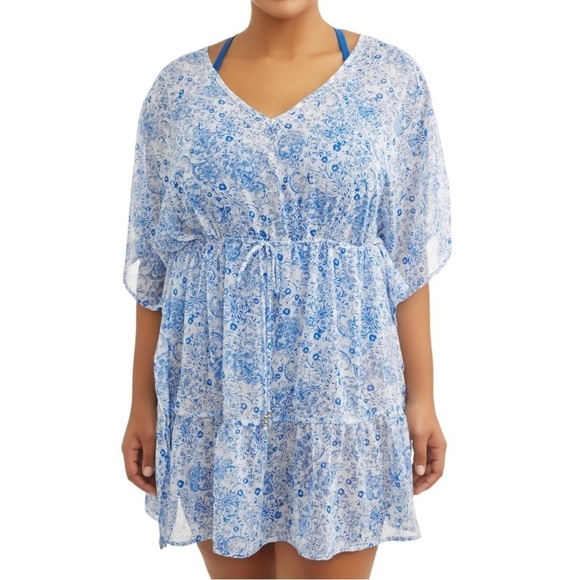 Time and Tru blue and white chiffon floral print ruffle hem swim suit coverup - Picture 8 of 8